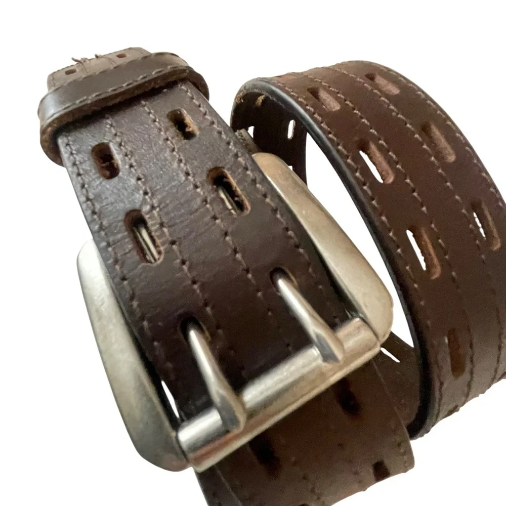 VTG 70s Brown Leather Belt Double Prong Silver Roller Buckle Adjustable Hippie
